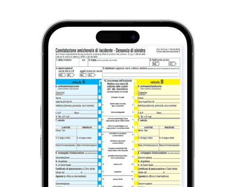 Modulo CAI (Costatazione amichevole d'incidente) all'interno di uno smartp.