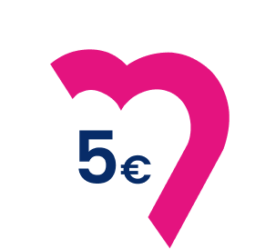 Un cuore stilizzato con la scritta 5 € al centro con i colori di Bene Assicurazioni.